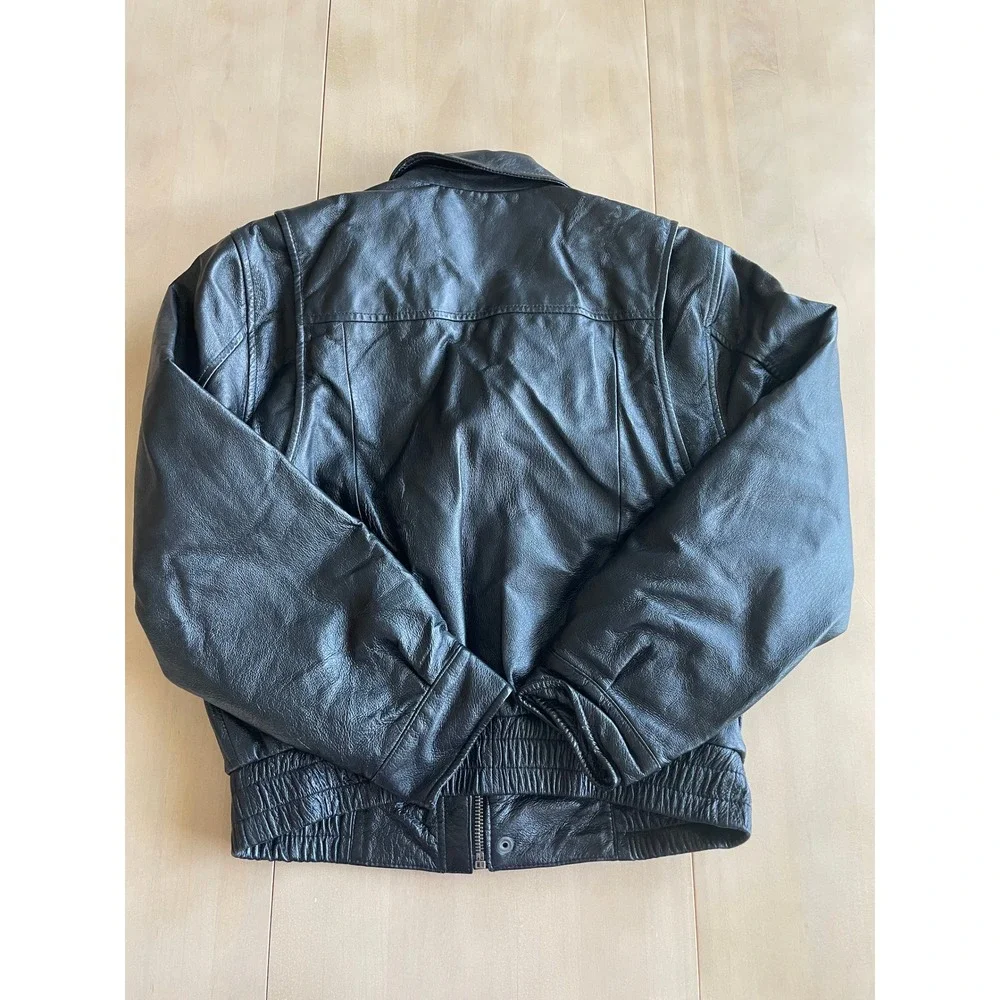 VTG Y2K Kids Russell Scott Black Genuine Leather Bomber Jacket - Size 10/12